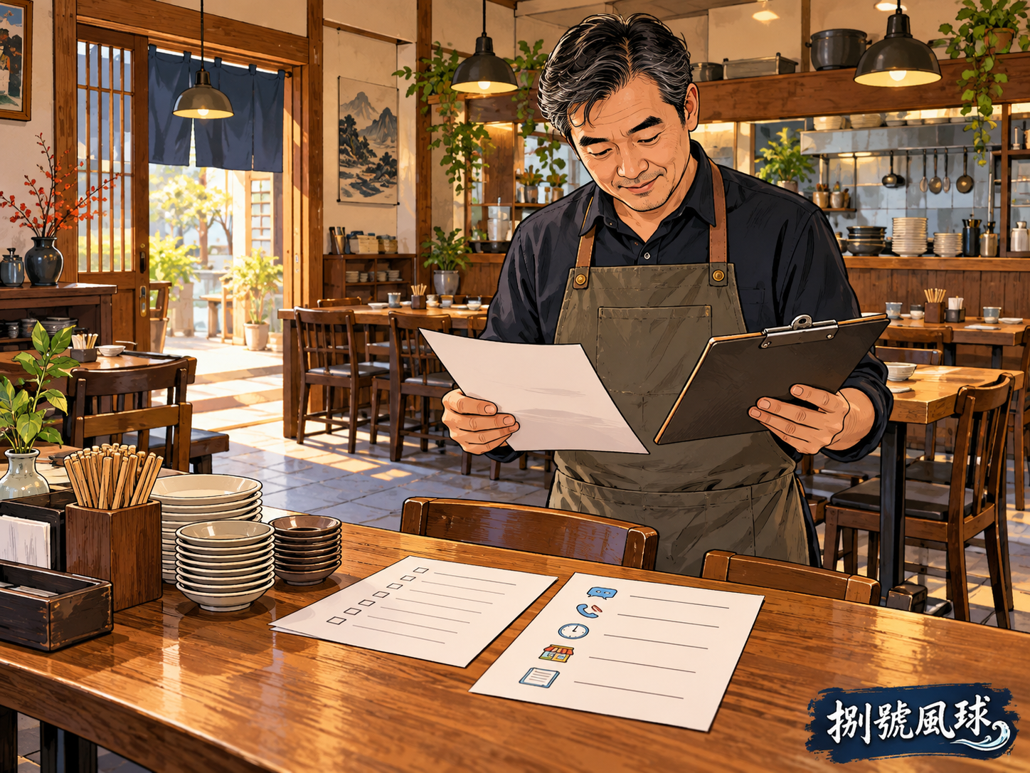 餐館整理公開資訊與活動確認清單；卡通概念插畫