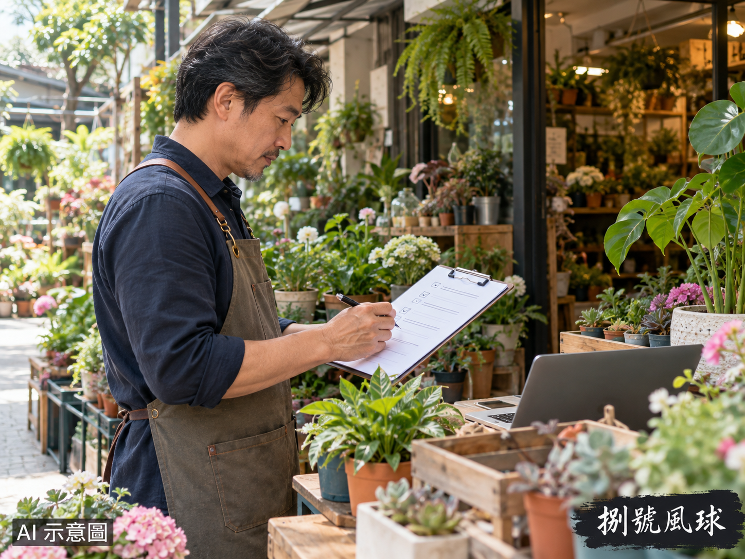 園藝店整理現場資訊示意；AI 示意圖