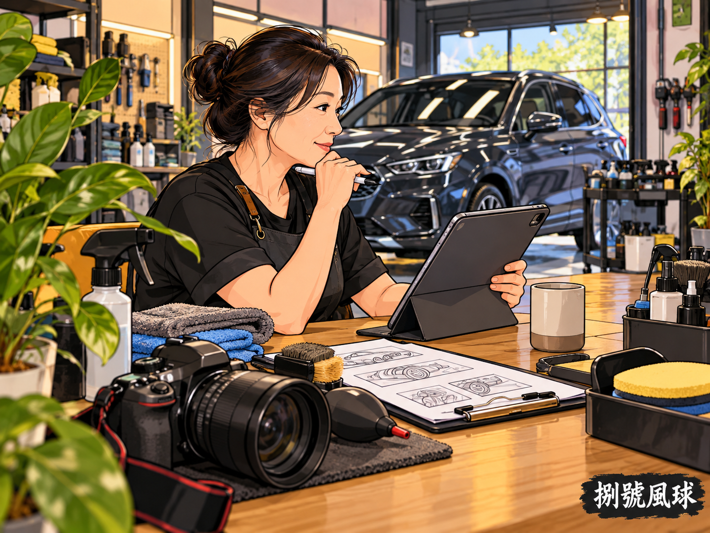 汽車美容店規劃畫面與字幕示意；卡通概念插畫
