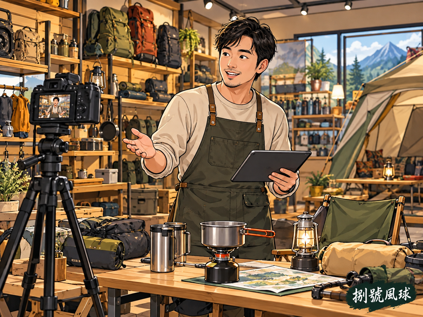 露營用品店規劃產品展示說明；卡通概念插畫