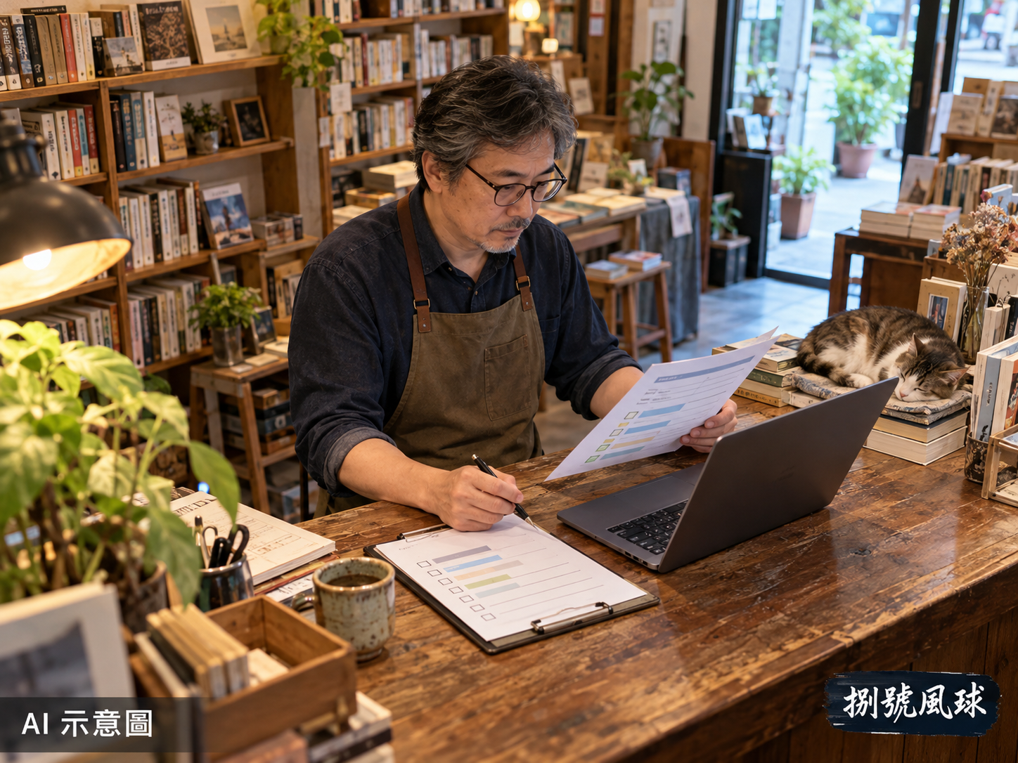 書店核對專有名稱示意；AI 示意圖