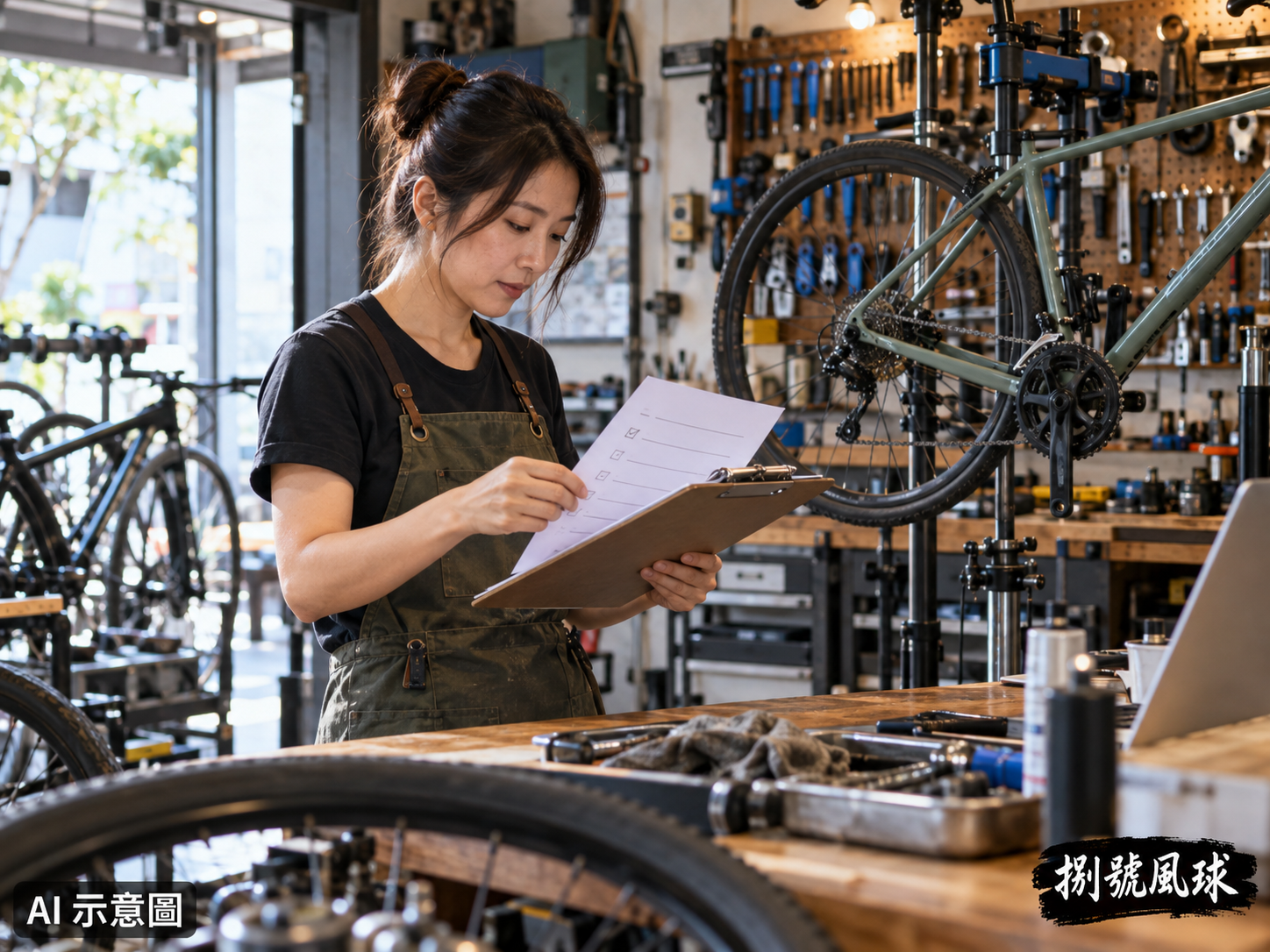 自行車店核對展示項目與資料；AI 示意圖