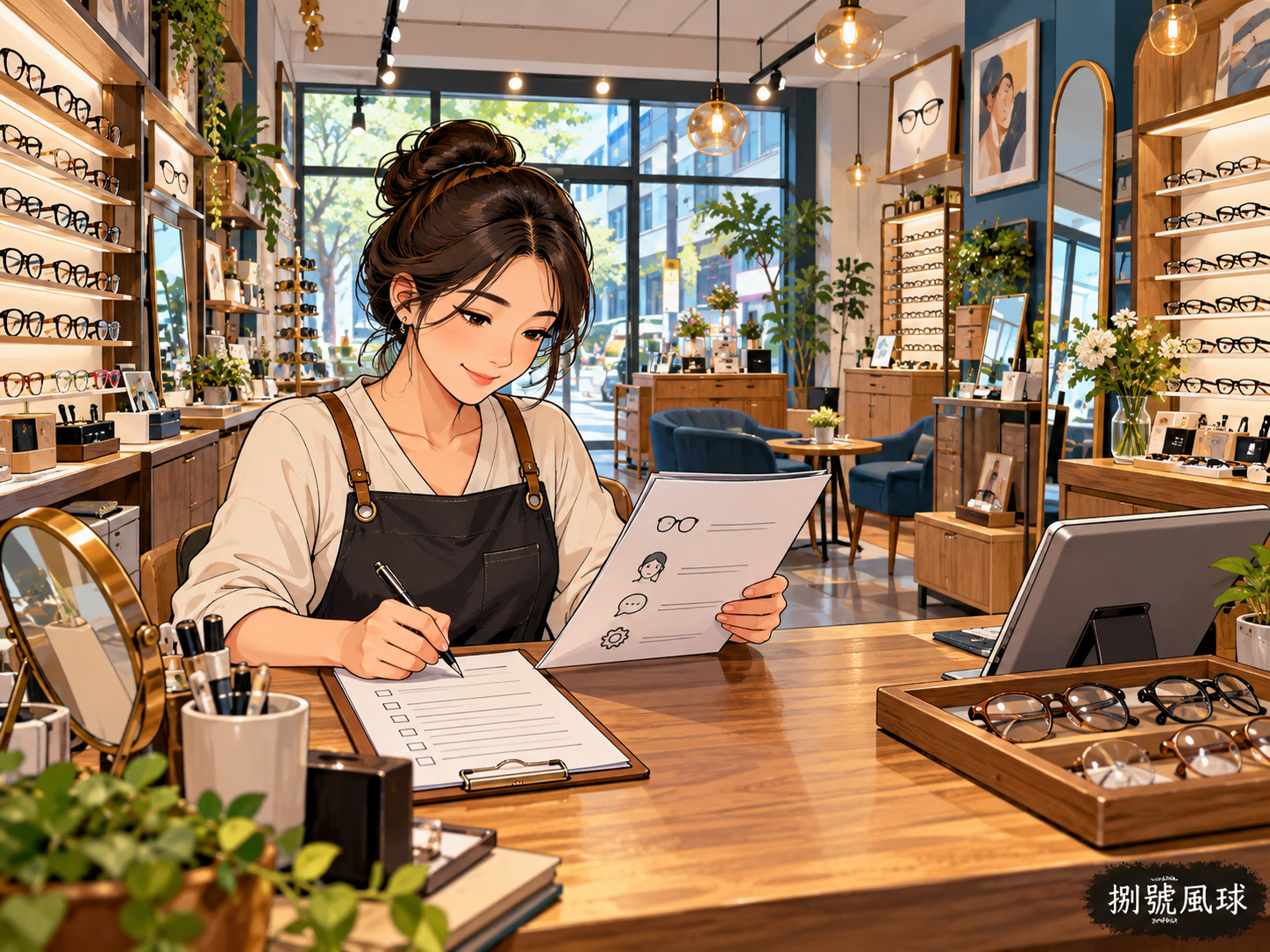 眼鏡店整理文案與顧客問題；卡通概念插畫