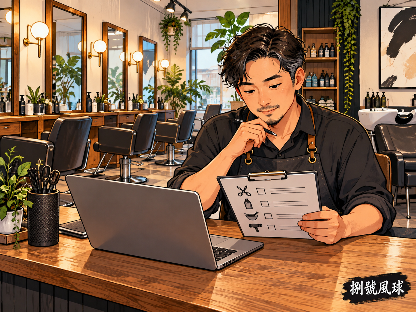 美髮店檢查服務說明示意；卡通概念插畫