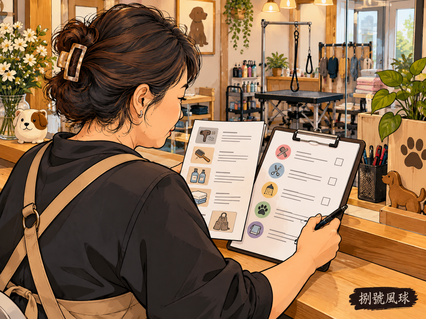 寵物美容店核對服務內容示意；卡通概念插畫