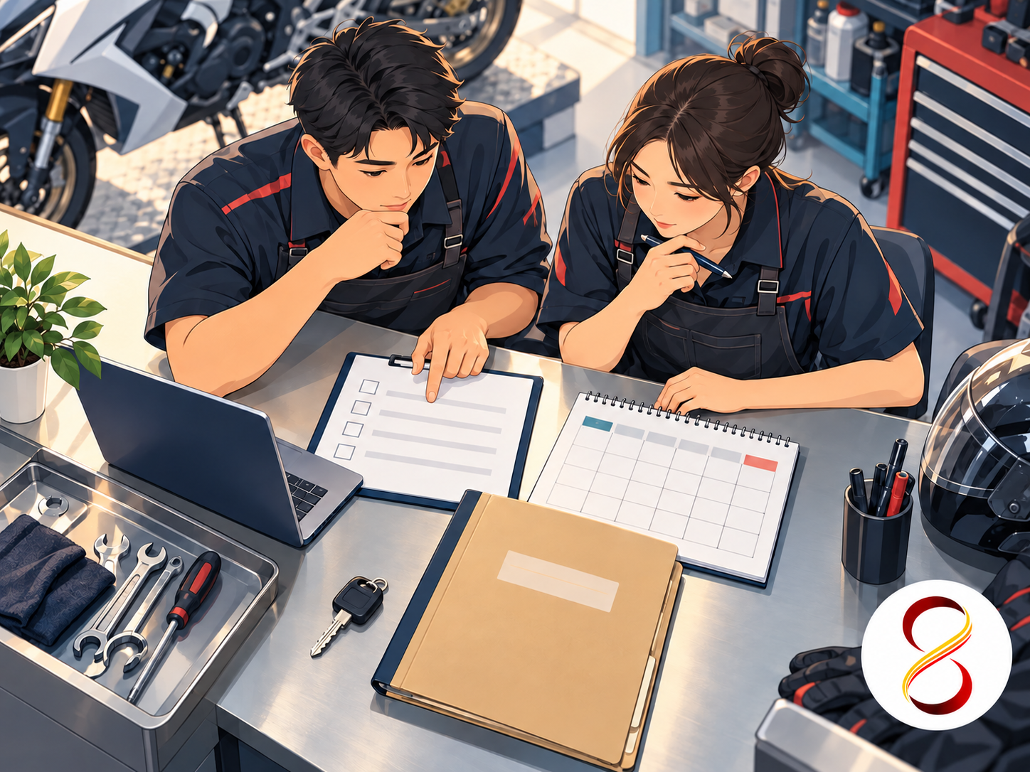 同仁對照服務清單與日期、核對店內紀錄的卡通插畫