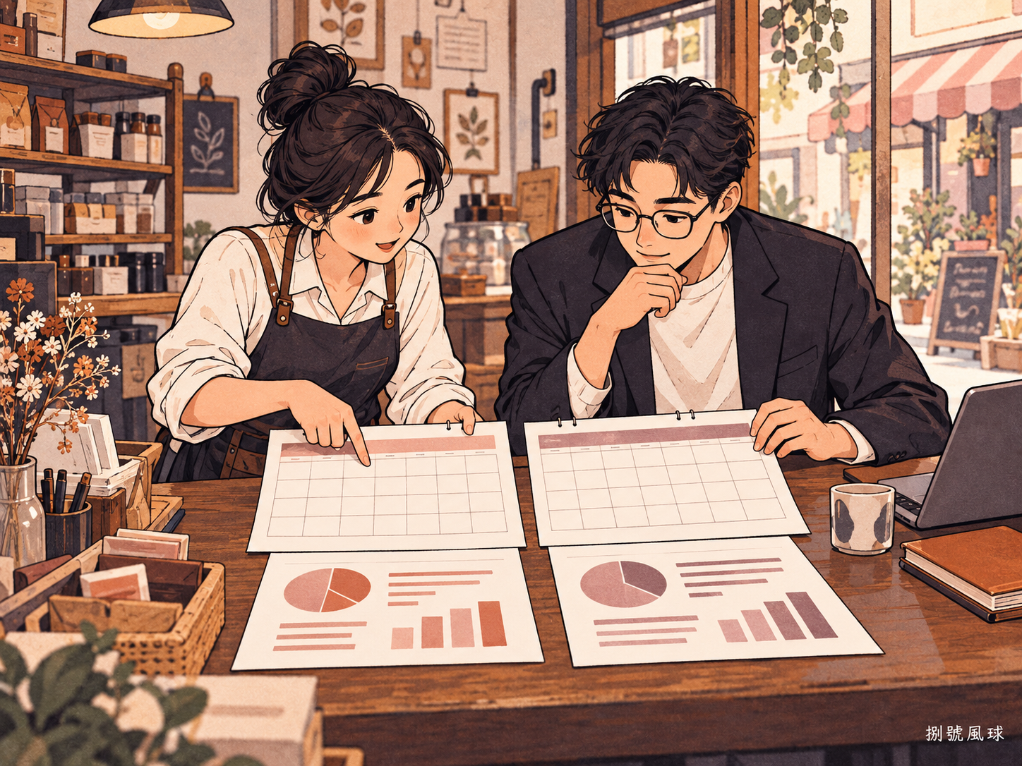 同一門市與日期範圍核對；卡通概念插畫