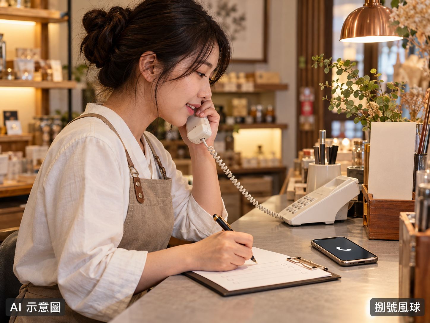 員工接聽詢問並記錄需求；AI 示意圖，非實際店家或客戶照片