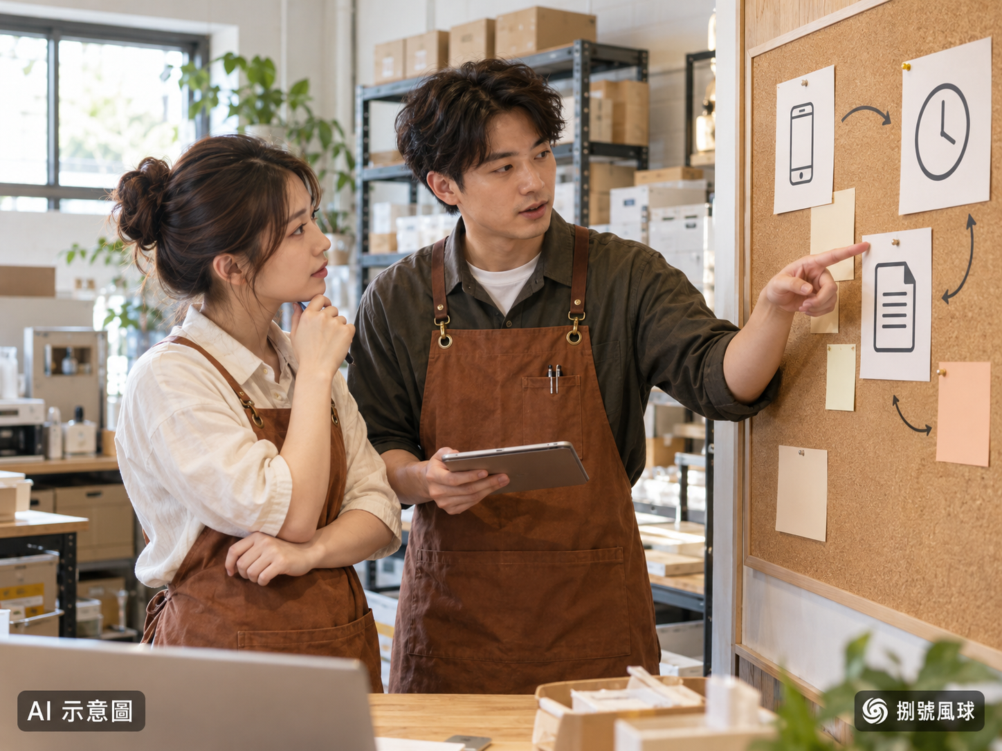 團隊核對紀錄與討論改善；AI 示意圖，非實際店家或客戶照片