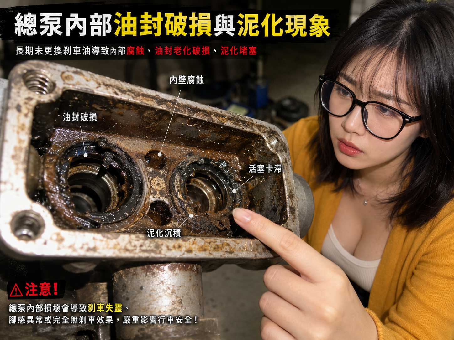 煞車拉桿卡死與油壓洩漏病徵