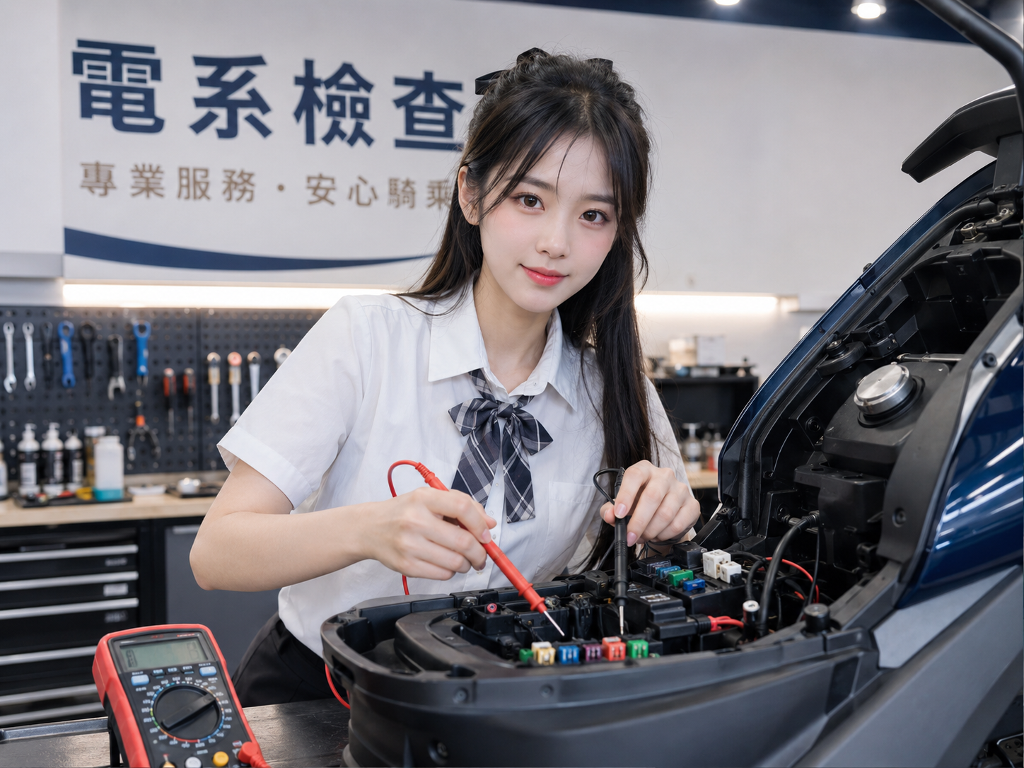 明亮專業的車行技師正在仔細檢查機車電系線路