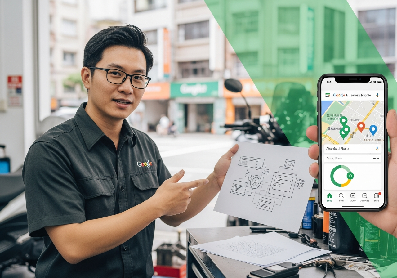 Google 地圖在地搜尋與商家連結示意圖