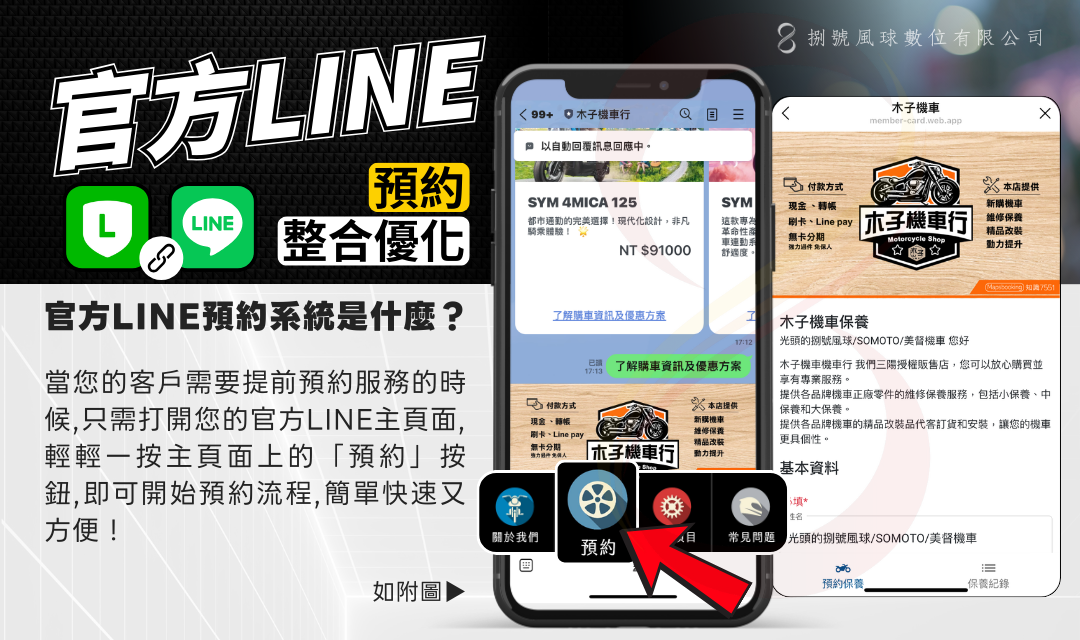 機車行官方LINE主頁預約按鈕介面示意圖