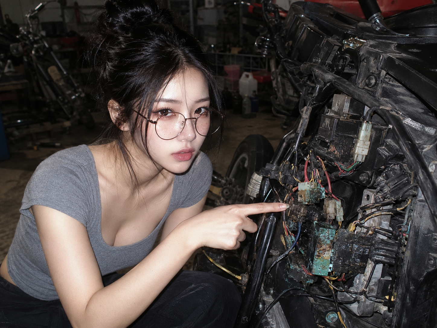 車友拿手機照片詢問車行老闆改裝排氣管