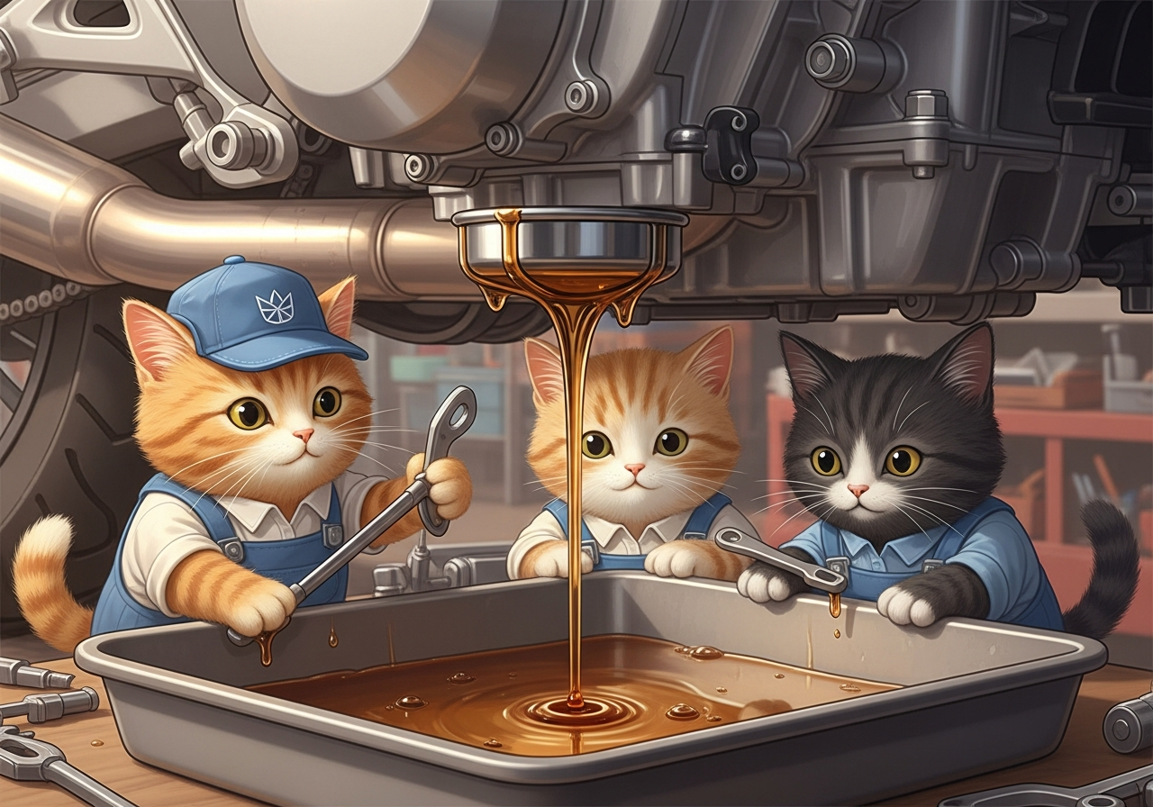 機車正在更換機油，新的機油正滴入集油盤中