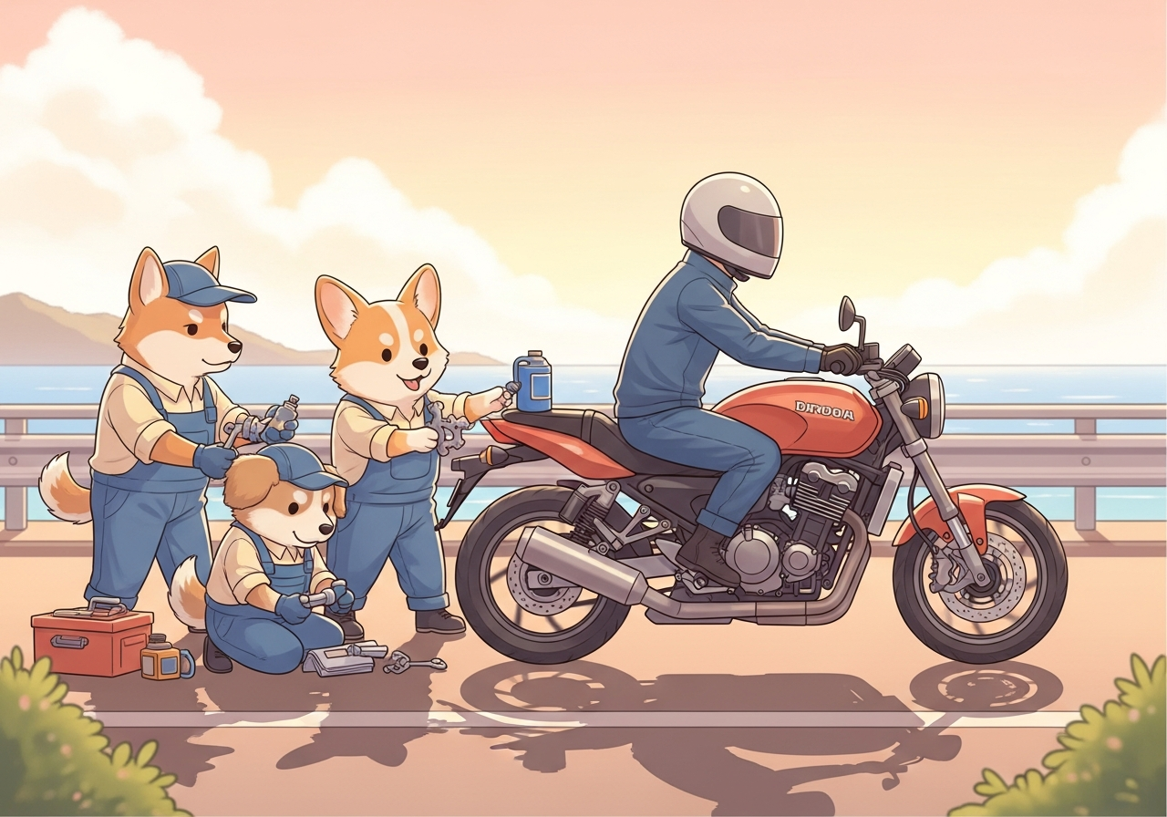 騎士溫和騎乘新機車於風景優美道路