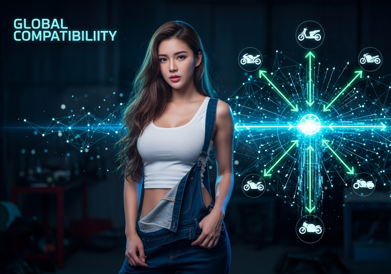 以霓虹線條和節點組成的全球兼容性網路圖，中心有發光的MA符號，連接不同類型機車圖示