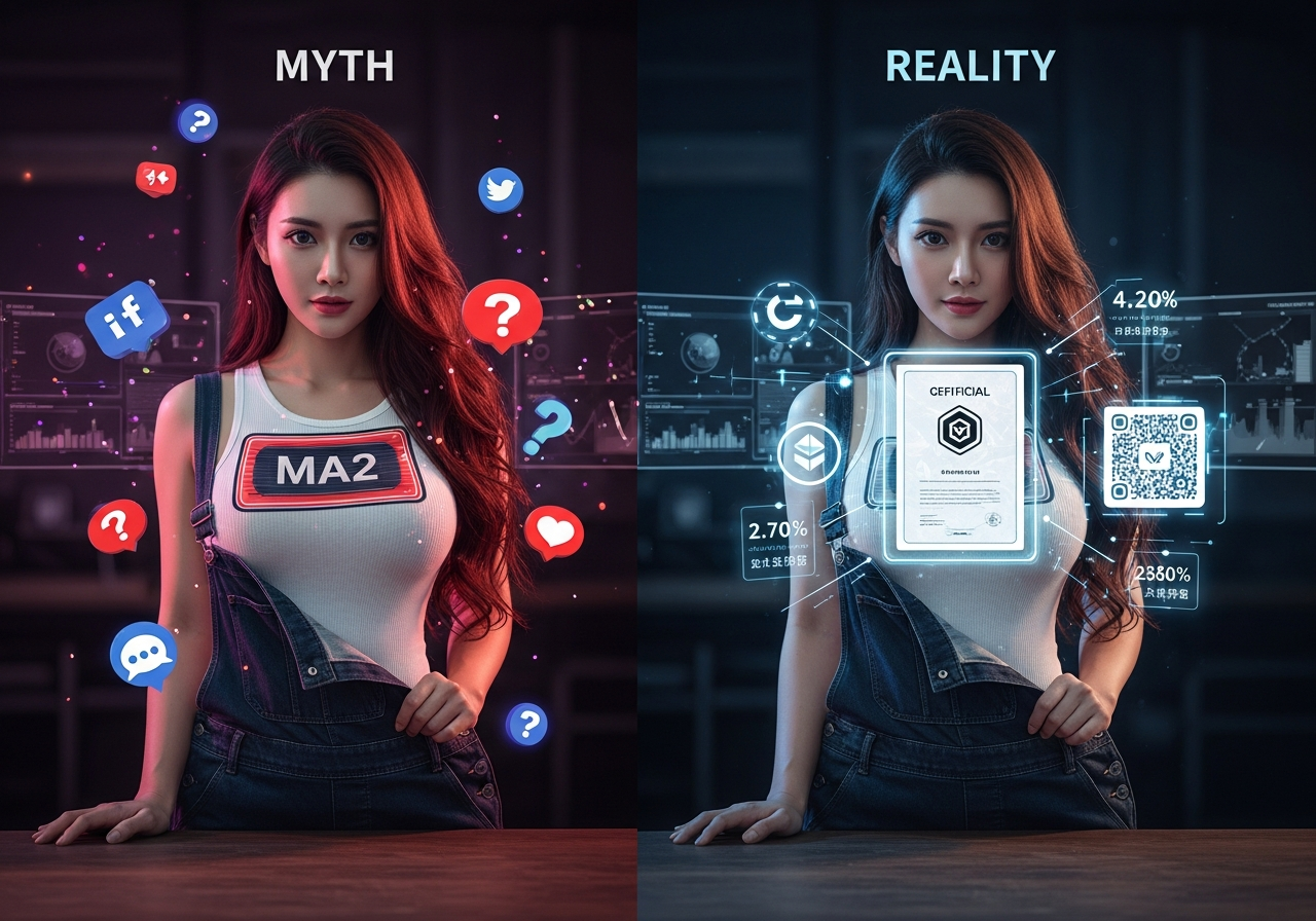 賽博龐克風格的圖像，左側是扭曲模糊的MA2迷思，右側是清晰發光的MA2官方認證標誌