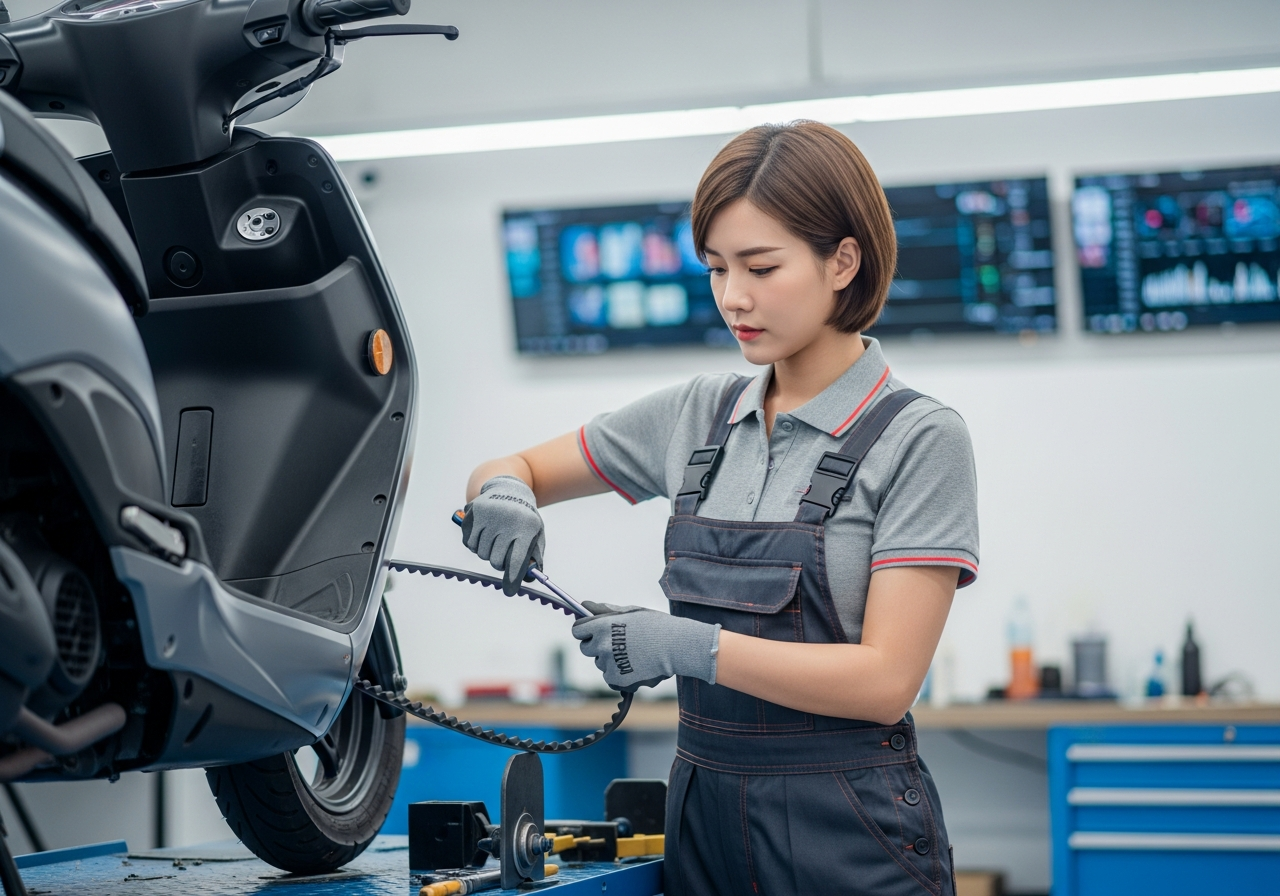 技師專業檢查機車傳動皮帶張力