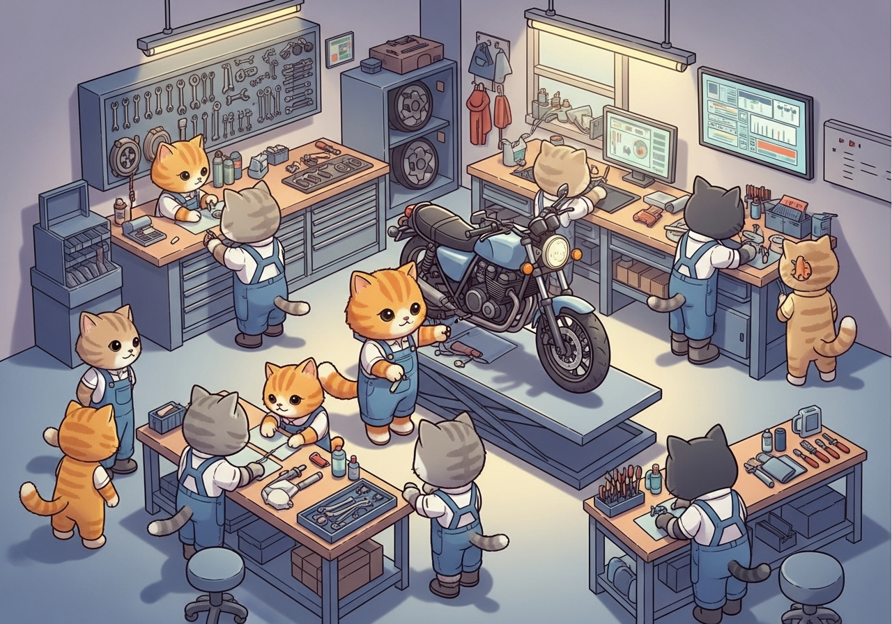 專業機車行內，技師正在仔細檢查一輛機車的底盤與零件