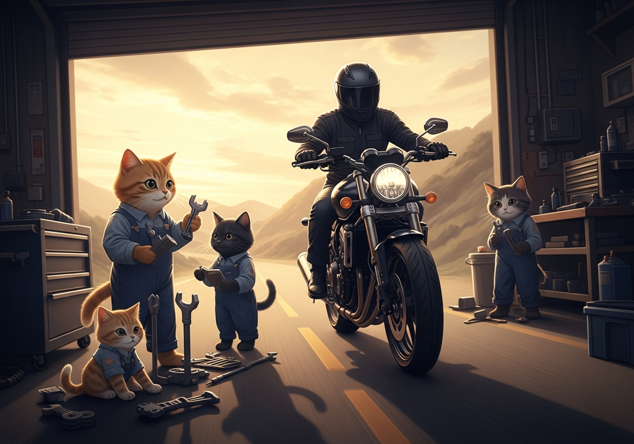 夕陽下，騎士自信地騎行在蜿蜒山路上，展現機車健康狀態帶來的自由與安全