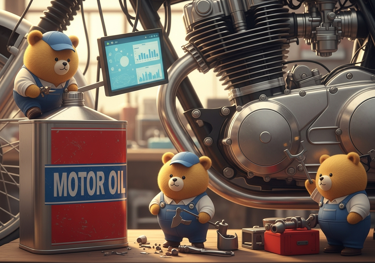 復古機油罐與機車引擎特寫，強調機油對引擎的重要性