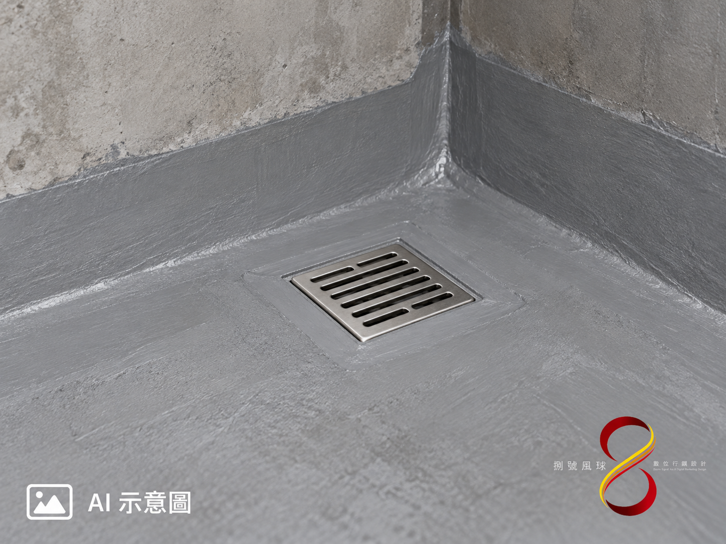 AI 示意圖:地漏周圍的防水連續性概念;圖中細部不是通用施工剖面或驗收依據。