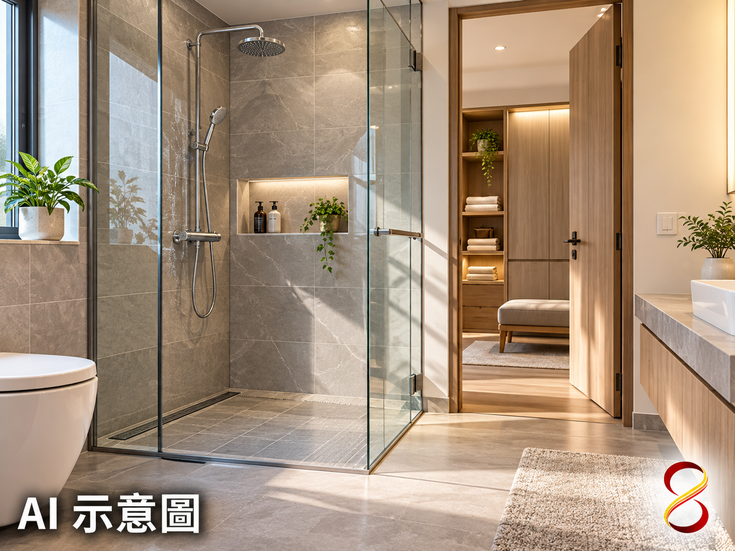AI 示意圖:淋浴與乾燥區域分開觀察,非安裝距離圖