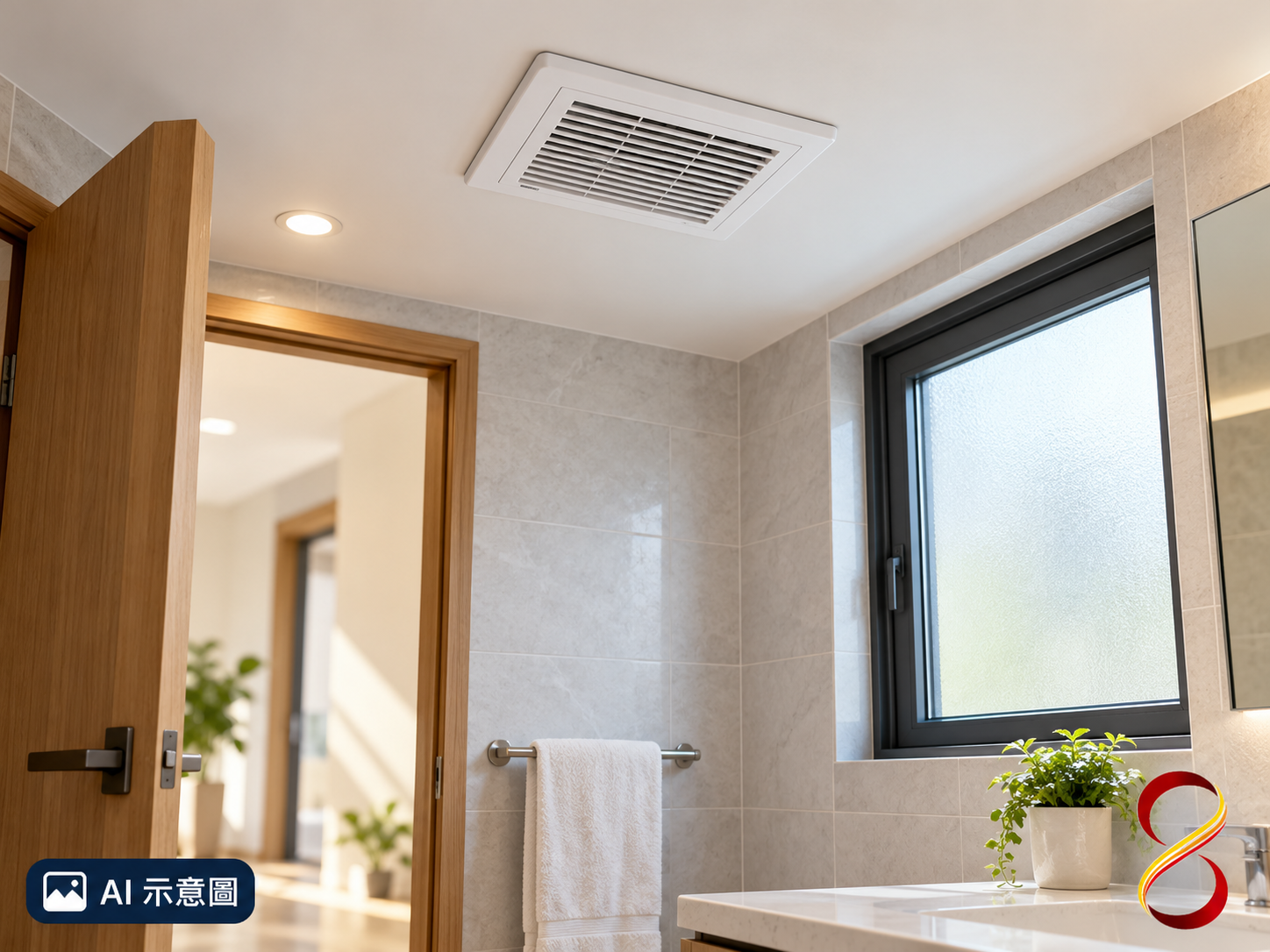 AI 示意圖：完整排風設備概念，非風量或防水驗收
