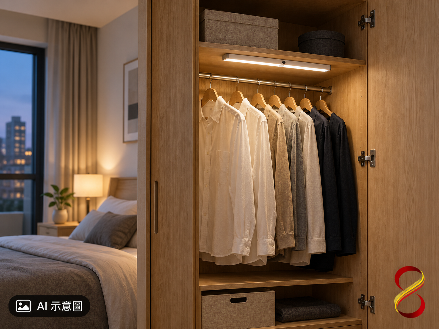 AI 示意圖：衣櫃局部補光概念，非施工案例