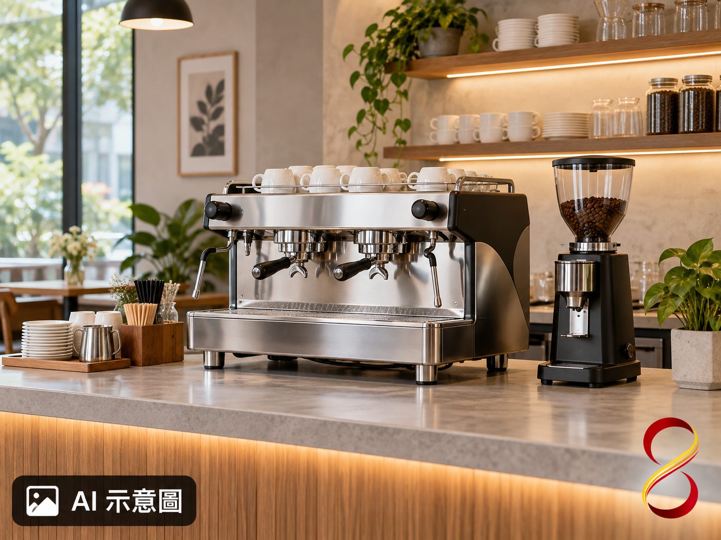AI 示意圖：無品牌咖啡設備安裝規劃概念