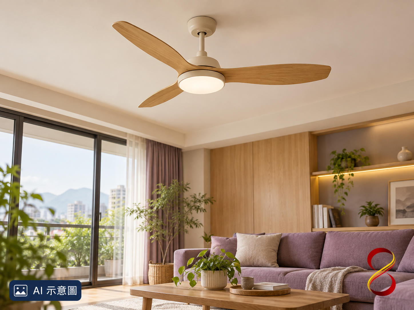 AI 示意圖:吊扇燈與房間配置概念,非施工或頻閃檢測證據