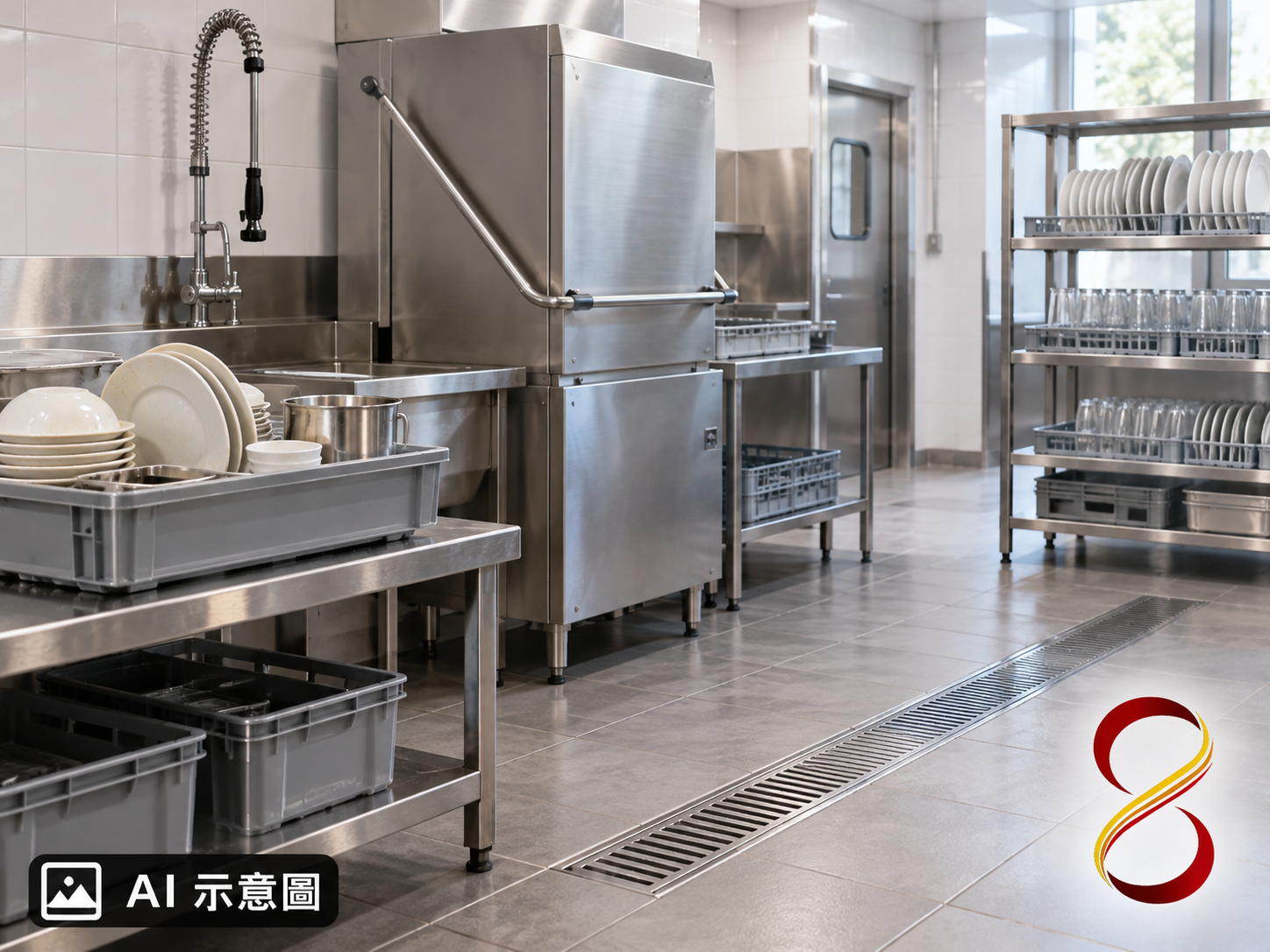 AI 示意圖：洗滌區配置概念，非合格餐廳實績