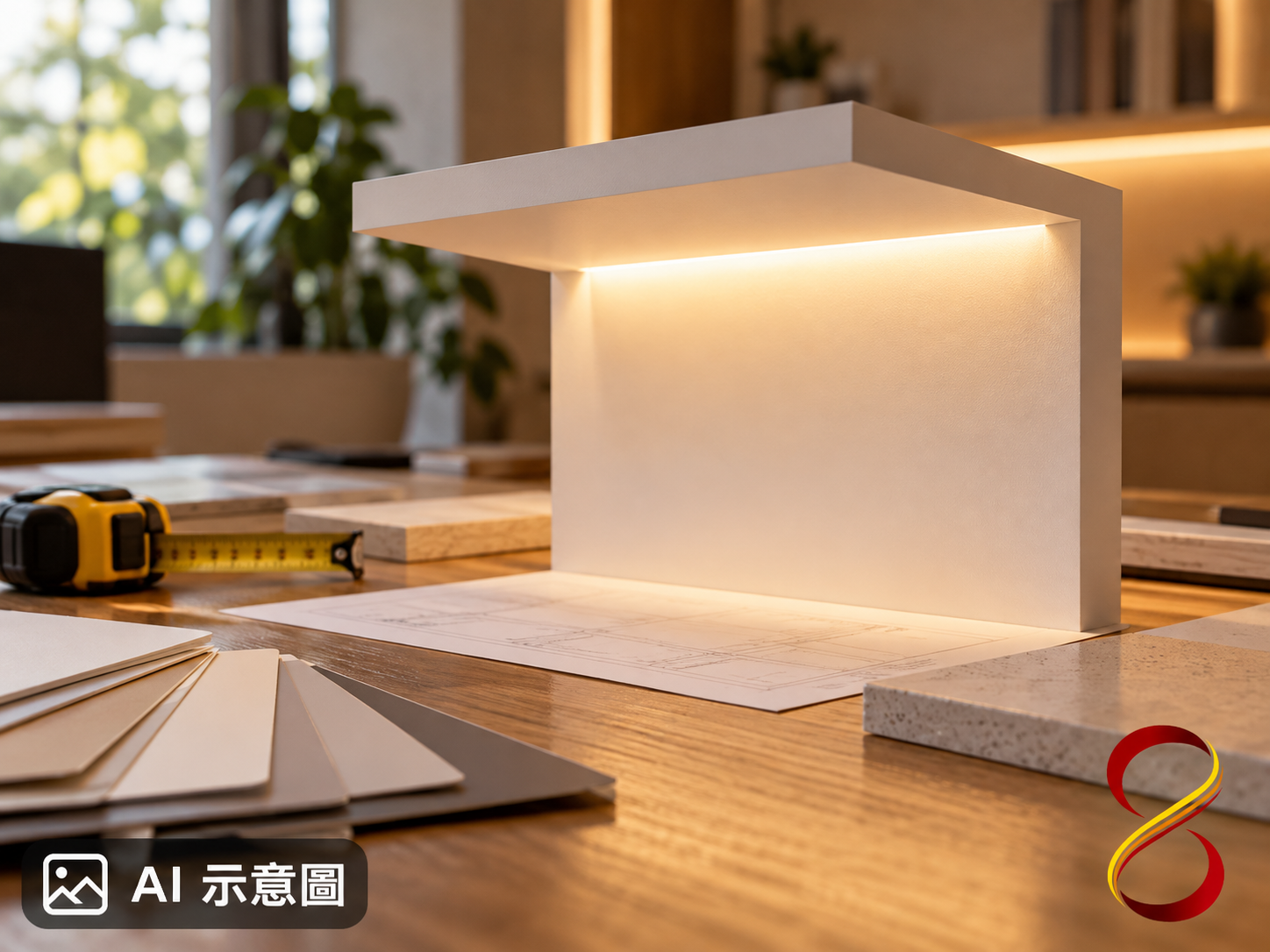 AI 示意圖：光線試樣討論概念，非施工剖面