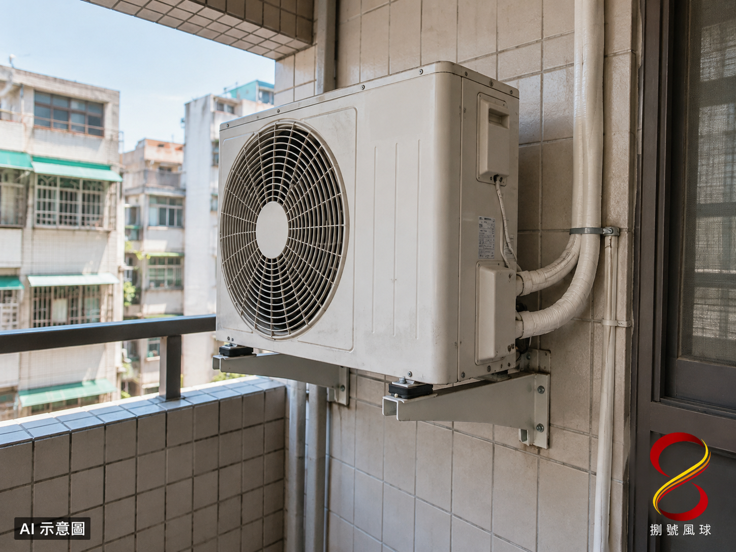 AI 示意圖：室外機通風觀察概念，非安裝尺寸圖