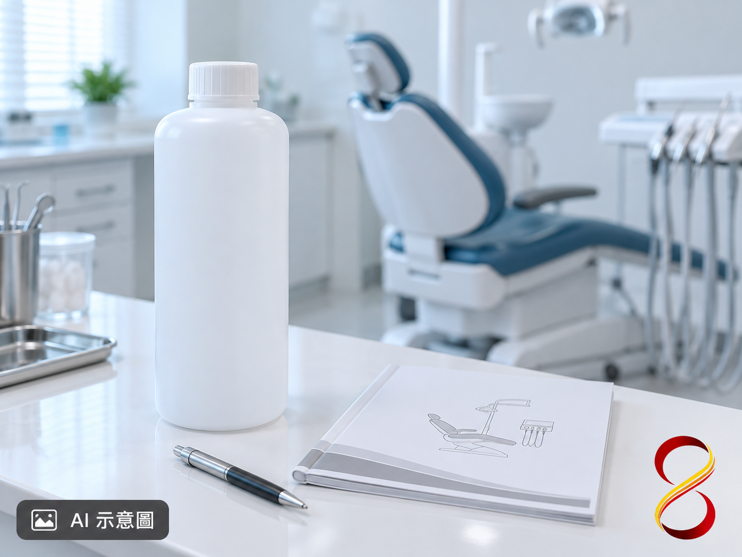AI 示意圖:供水瓶與手冊,非無菌或合格證明