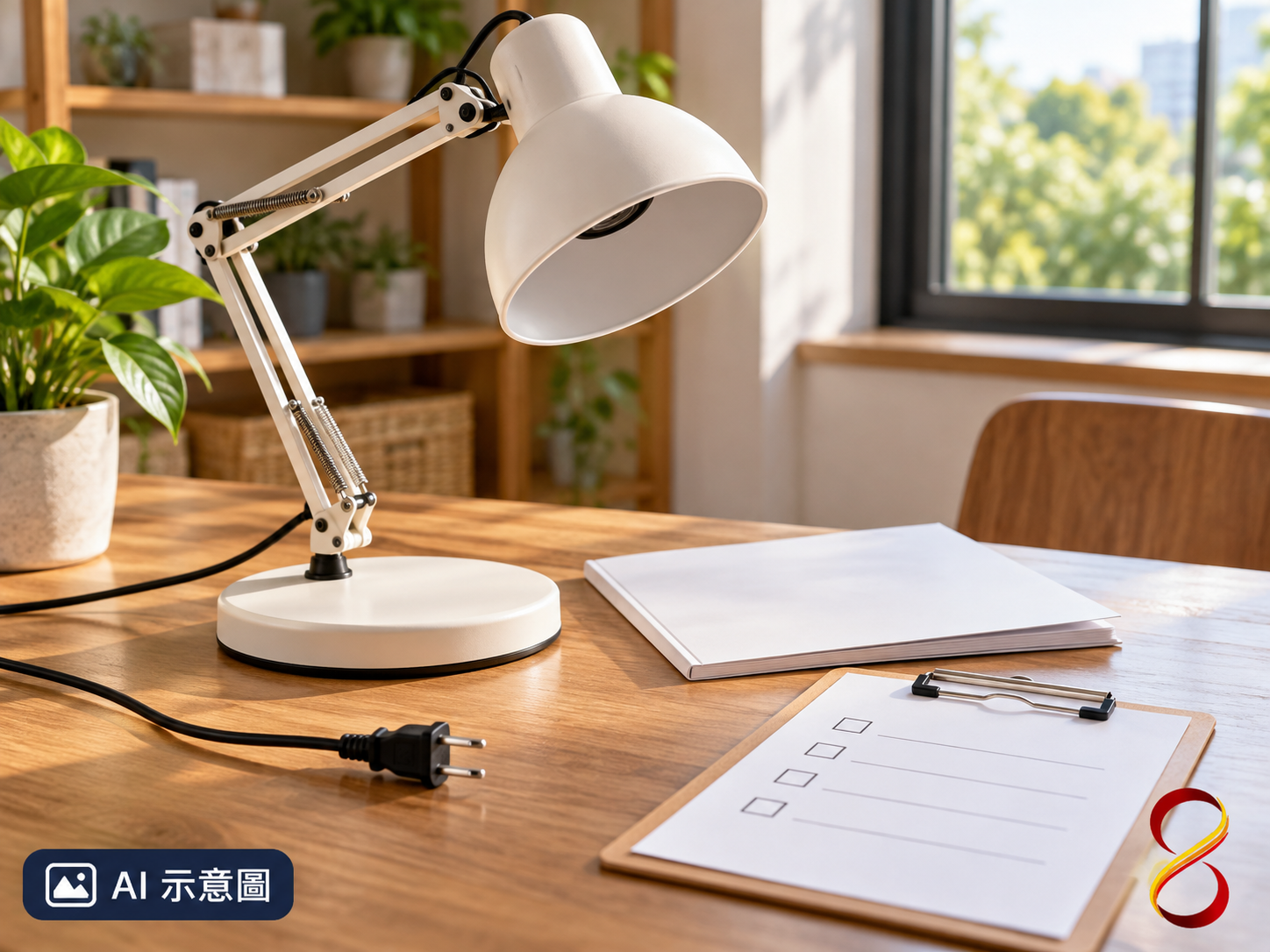 AI 示意圖：未通電檯燈與文件核對，非性能檢驗