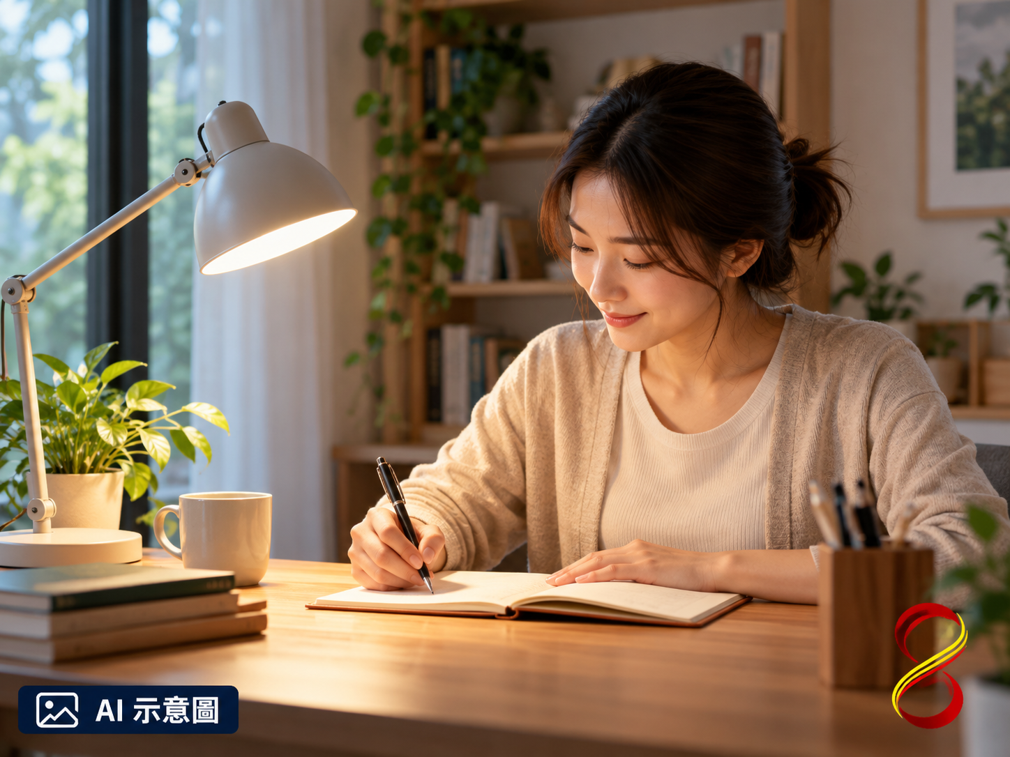 AI 示意圖：坐姿與檯燈位置觀察，非固定安裝標準