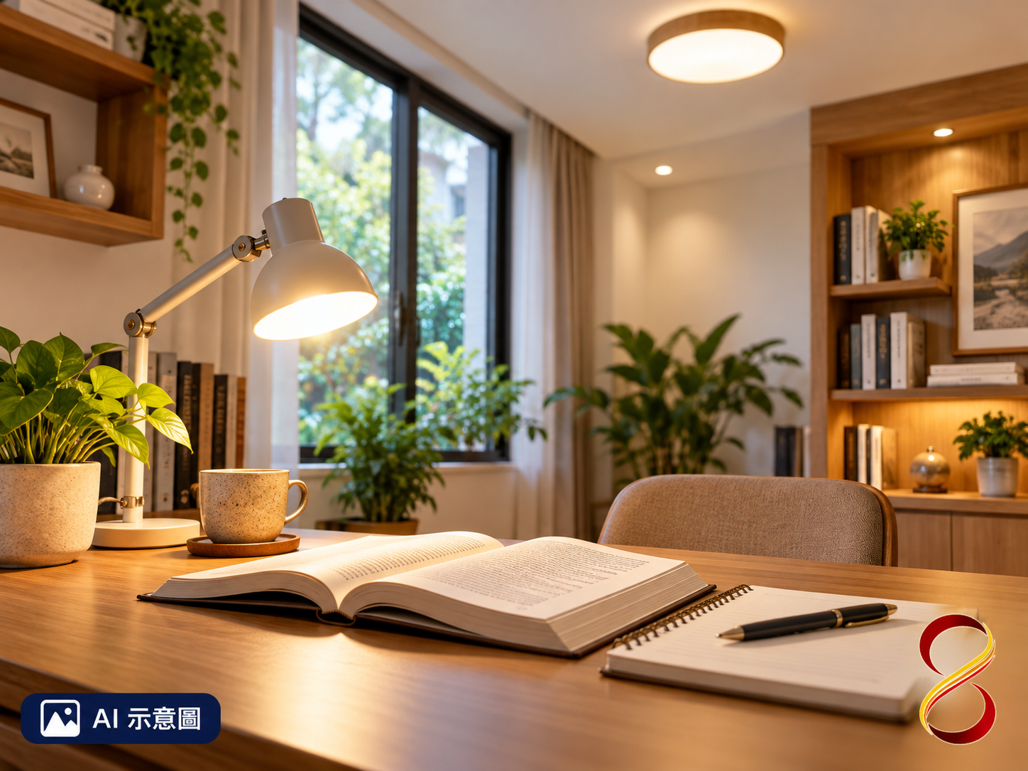 AI 示意圖：閱讀面與環境照明配置概念，非視力或量測證明