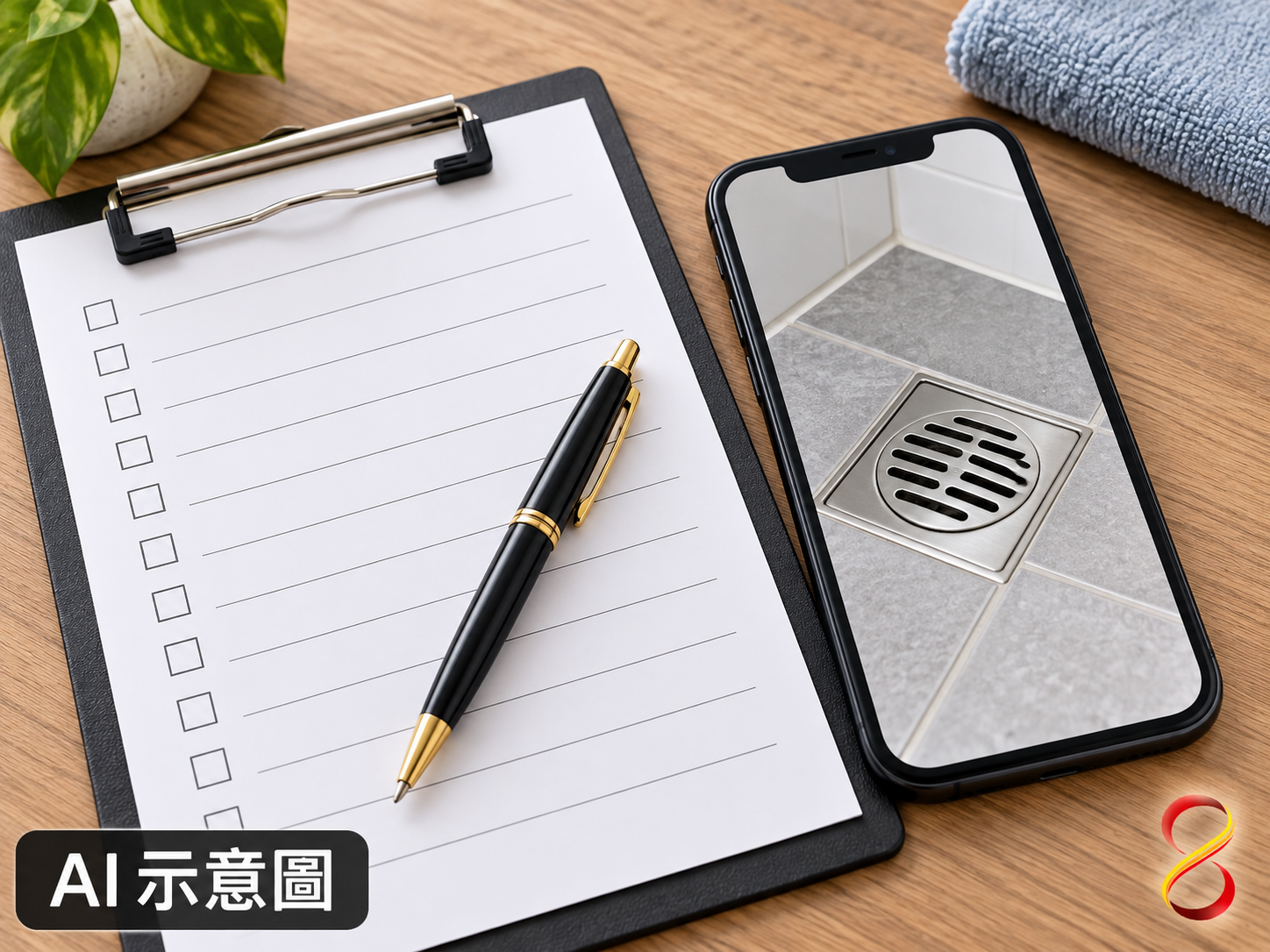 AI 示意圖：記錄排水口位置與後續處理概念，非實際檢驗回執