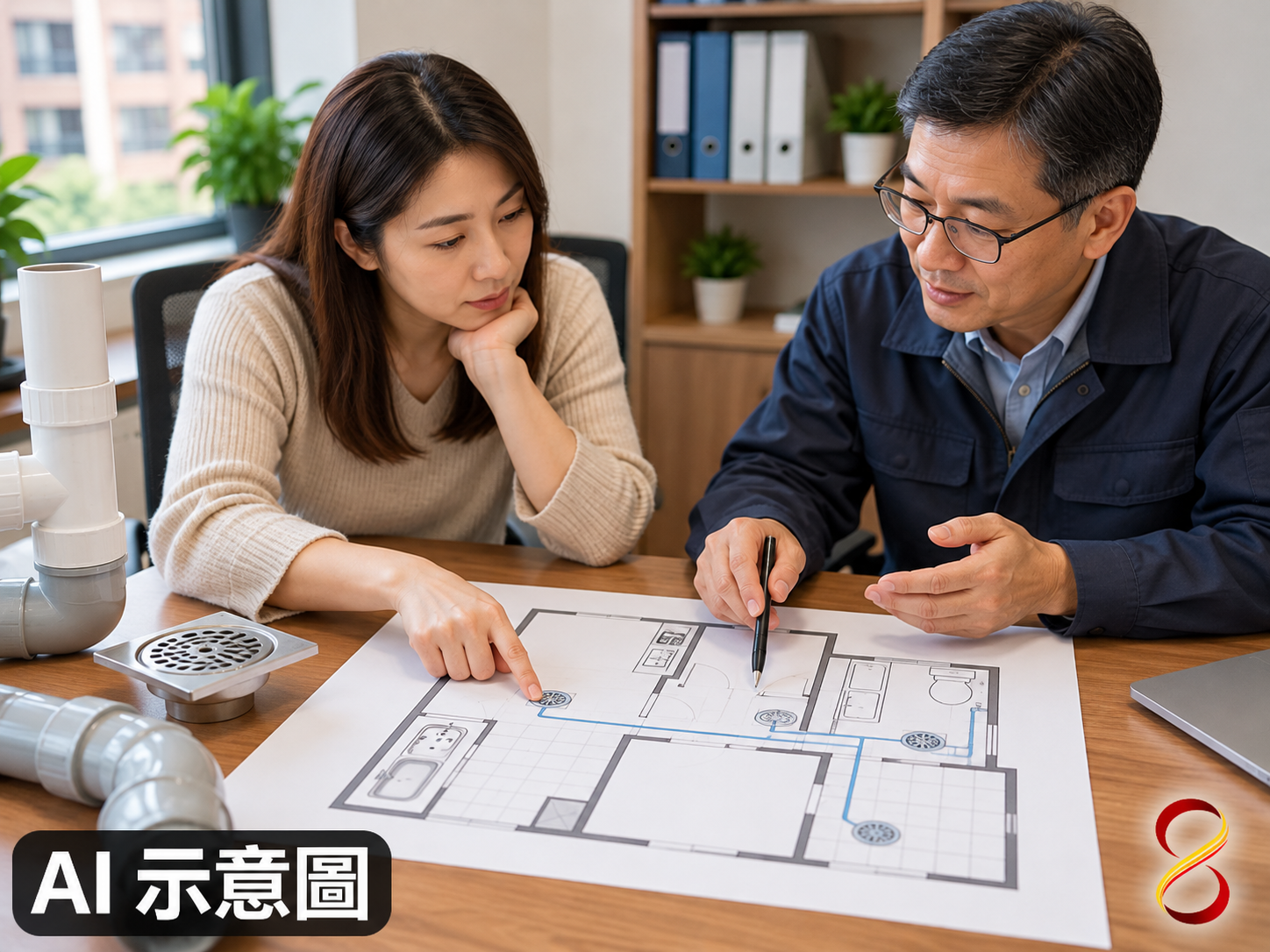 AI 示意圖：協調既有排水配置概念，非現場圖面或改管設計