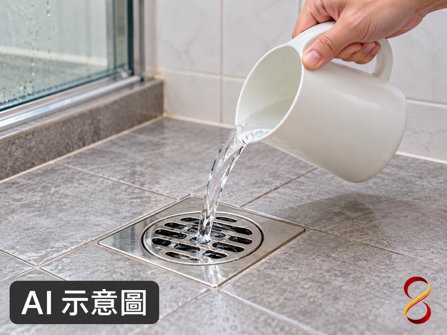 AI 示意圖：依設備說明補充既有水封概念，未指定通用水量