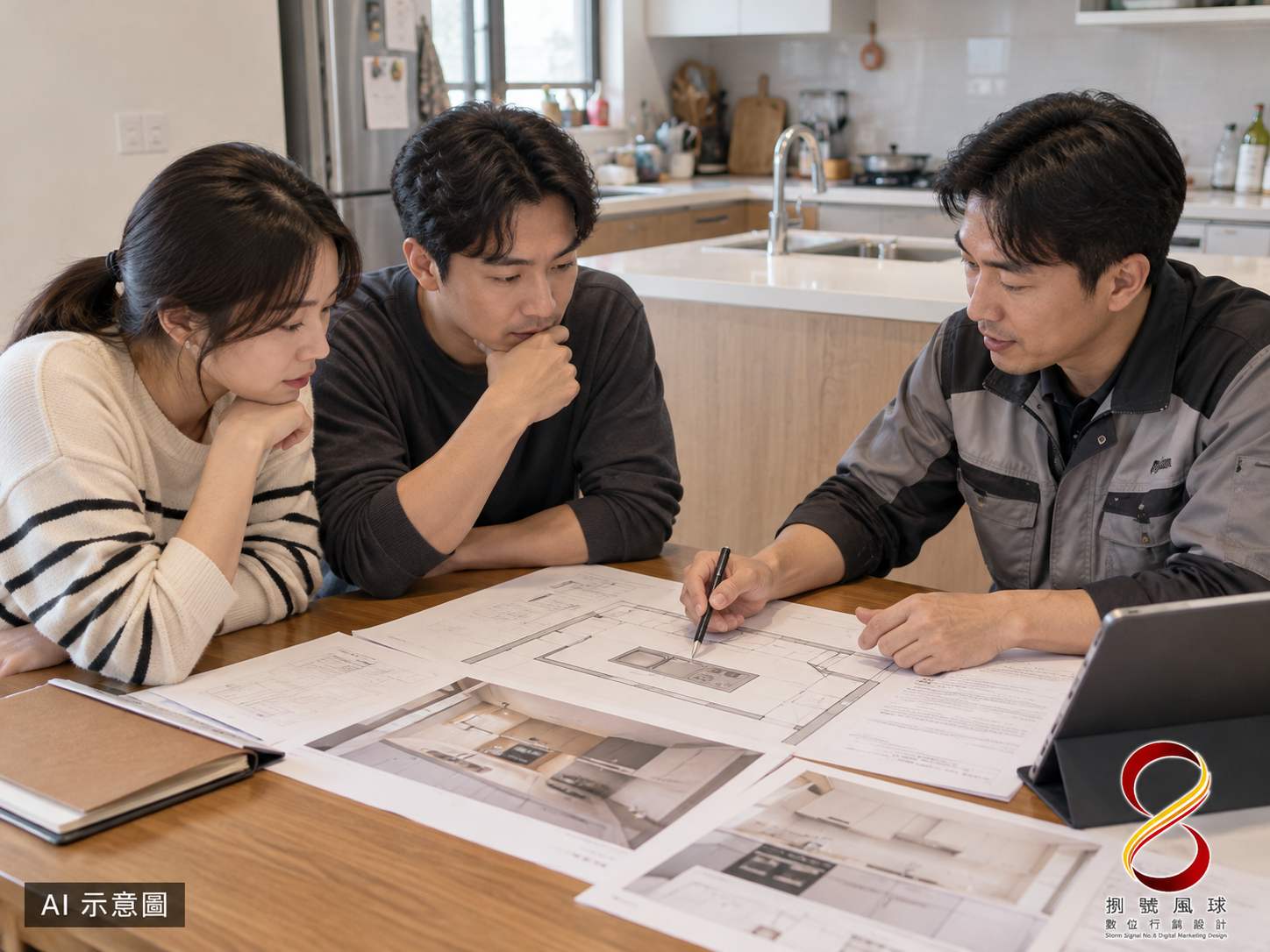 AI 示意圖:設備與圖面討論概念