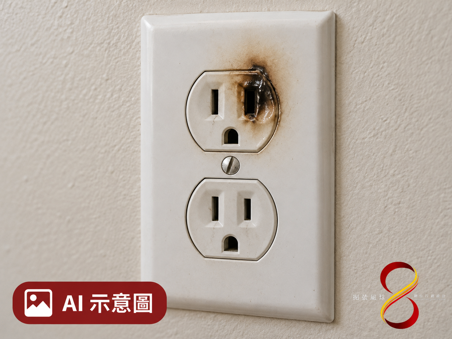 AI 示意圖：插座焦黑與變形的停用提醒；不是實際事故照片，不能據此判斷單一故障原因。