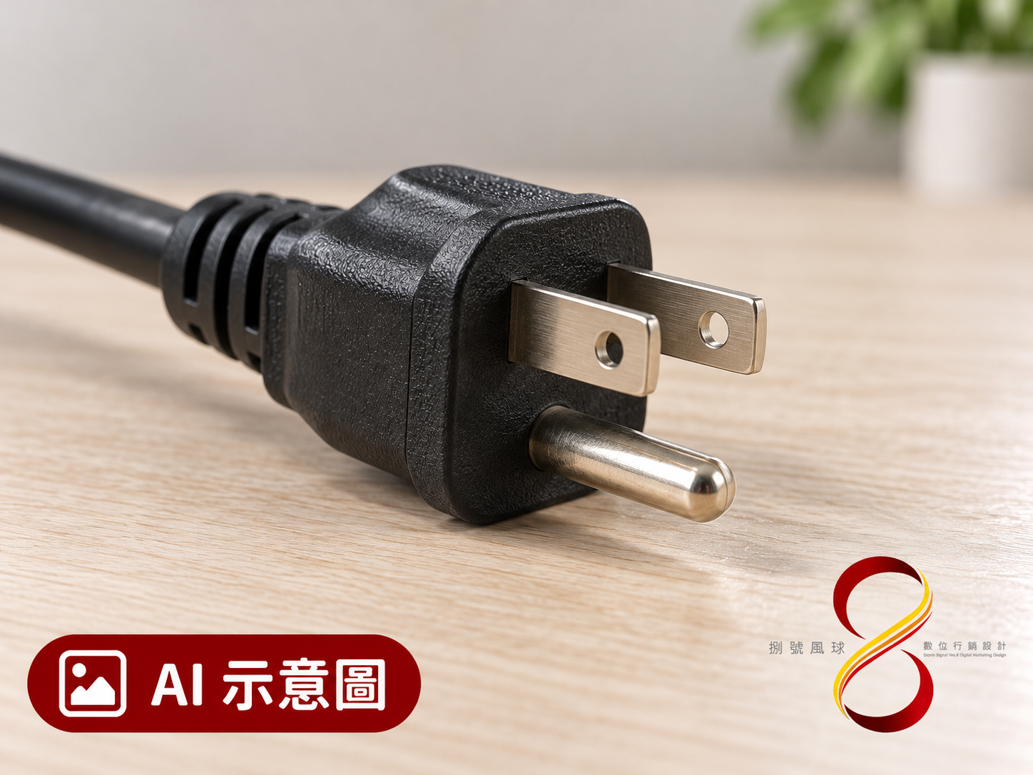 AI 示意圖:完整接地插腳的外觀概念;有三腳插頭或三孔插座仍不能證明現場接地有效。
