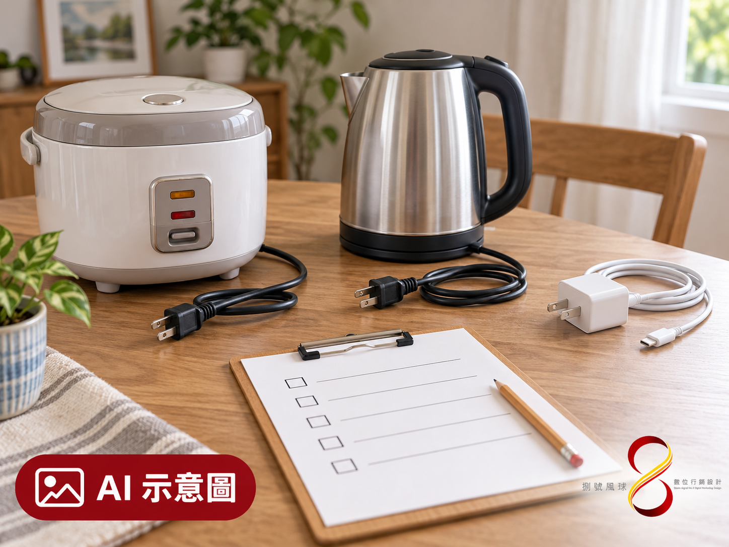 AI 示意圖:先蒐集設備規格與同時使用的負載;圖中電器未接上延長線,不表示可一起接用。