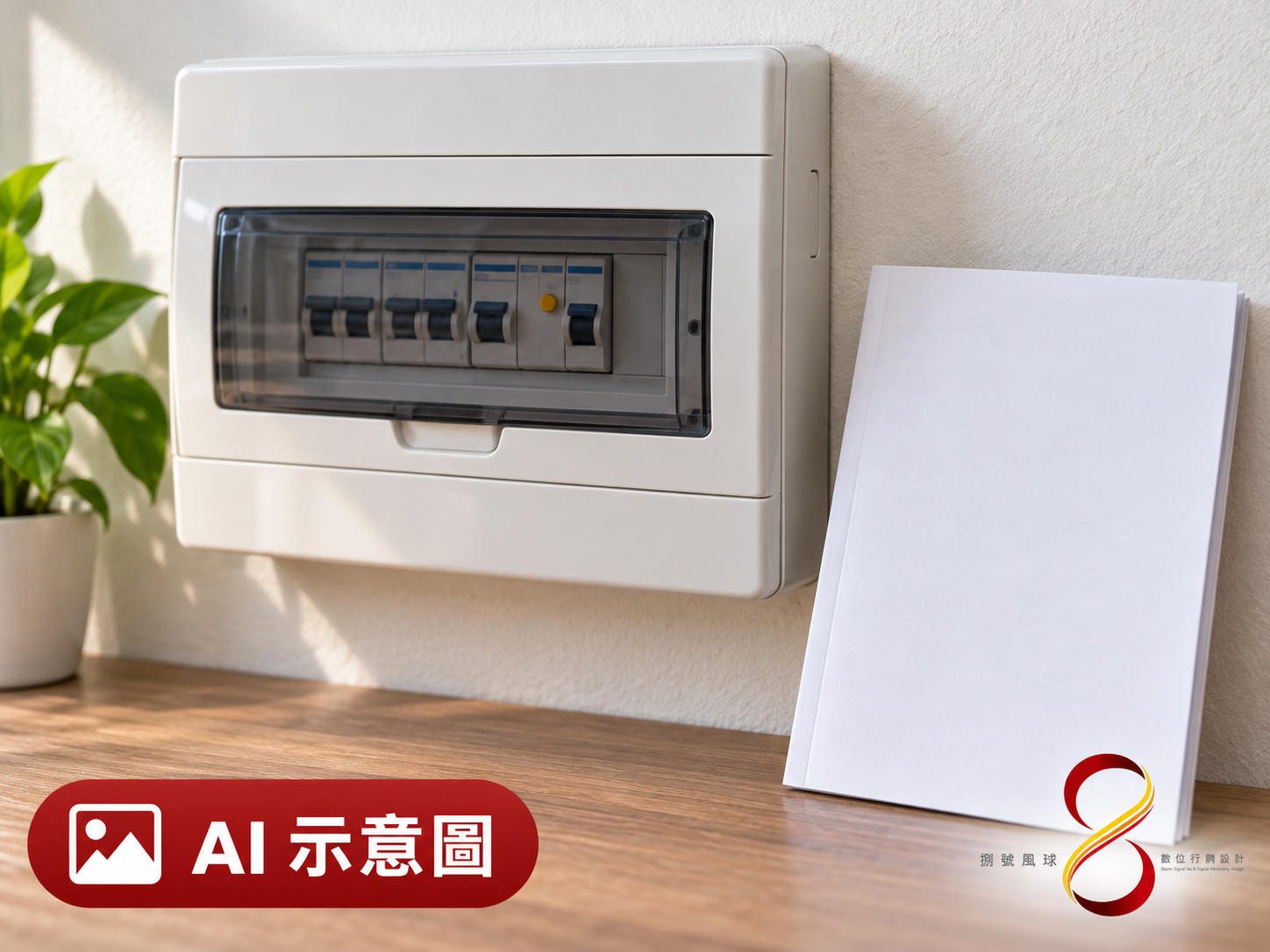 AI 示意圖：保護裝置需依實際型號與系統核對；封閉配電箱示意不提供特定保護值或接線方式。