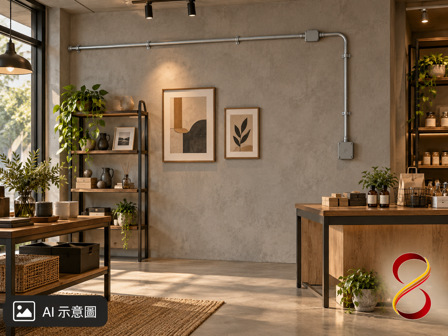 AI 示意圖:工業風明管空間概念,非合格施工實績