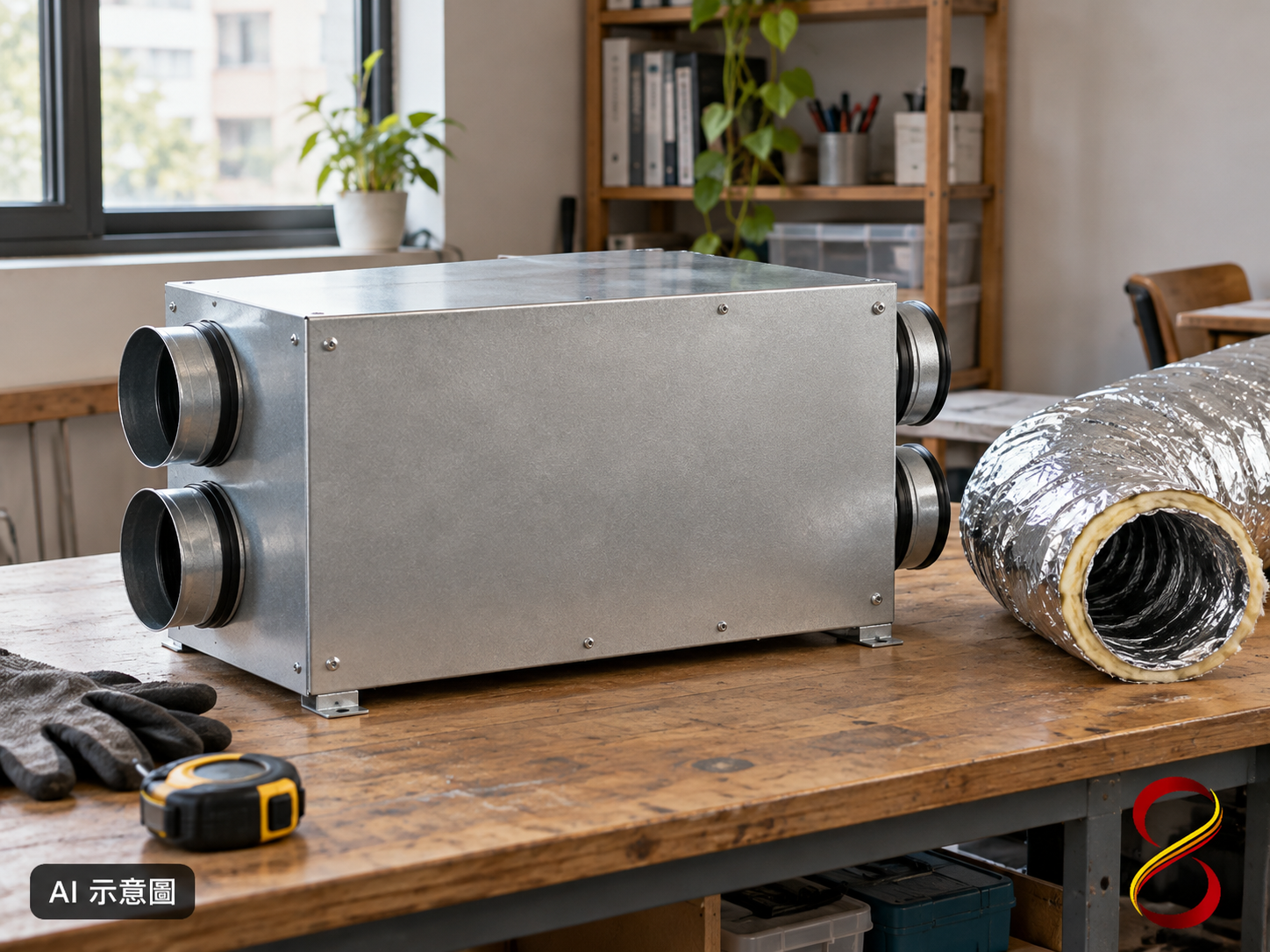 AI 示意圖:未連接全熱交換器與風管樣品