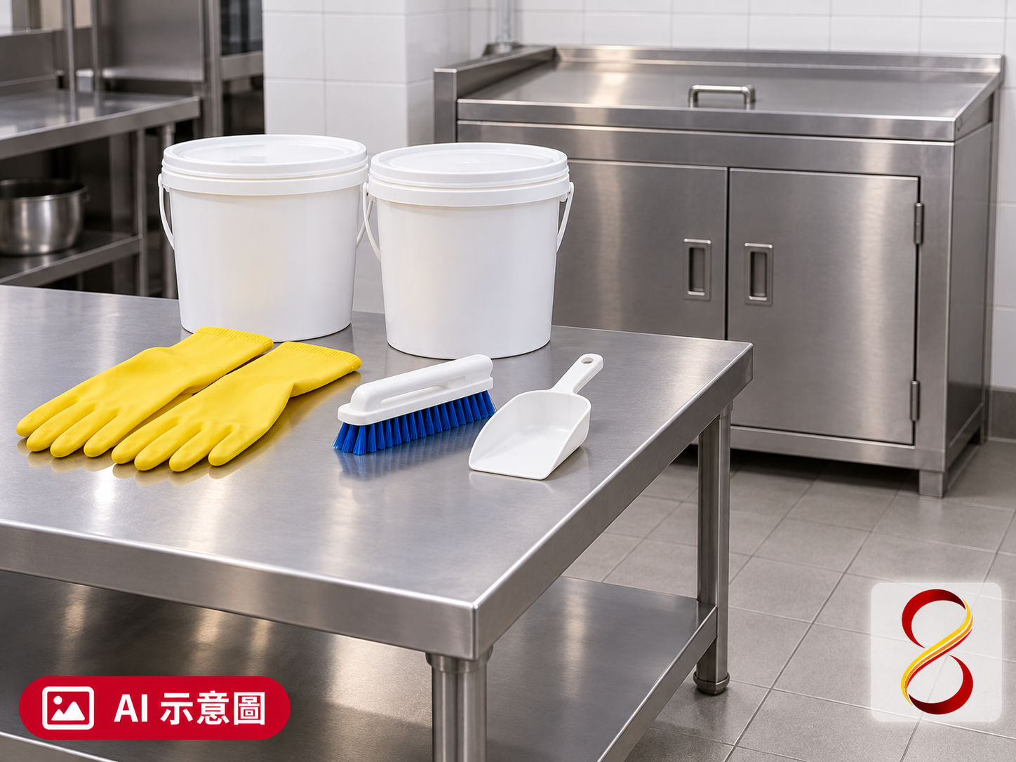 AI 示意圖：清潔工具準備，背景為一般設備櫃